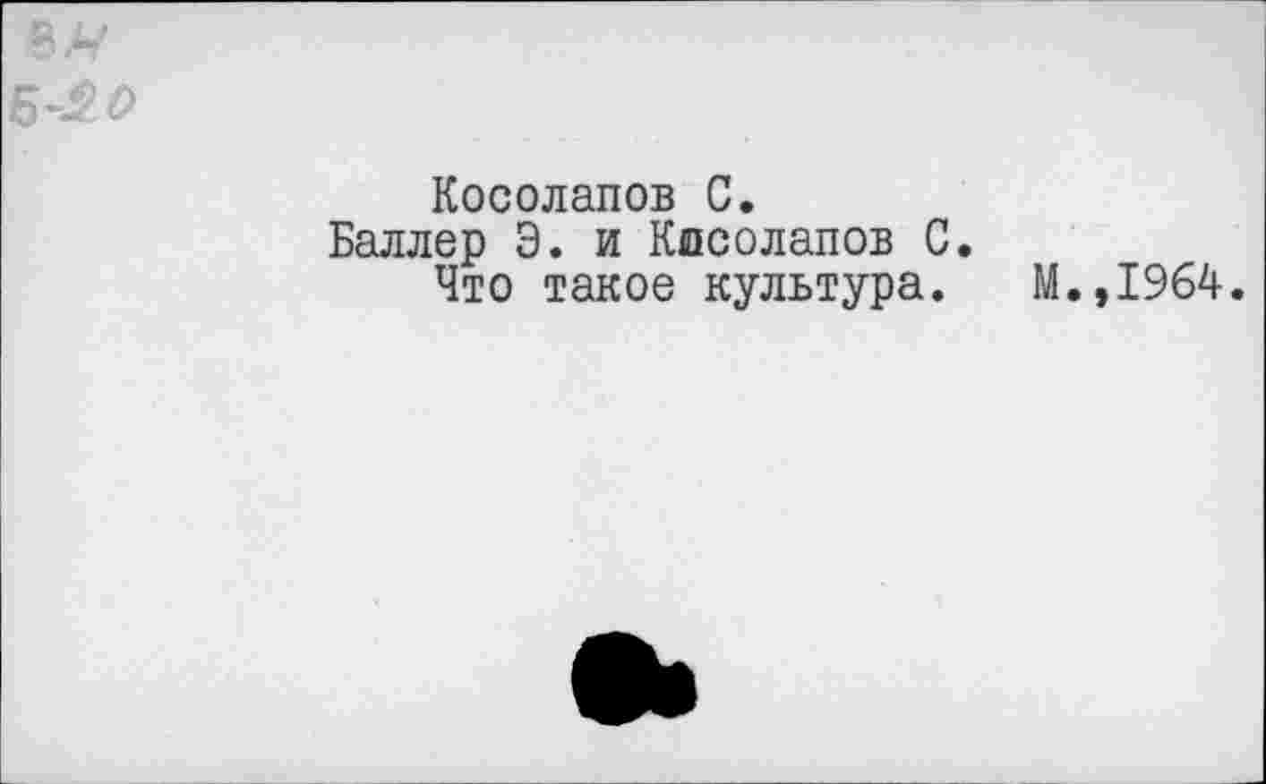 ﻿Б-20
Косолапов С.
Баллер Э. и Косолапов С.
Что такое культура. М.,1964.